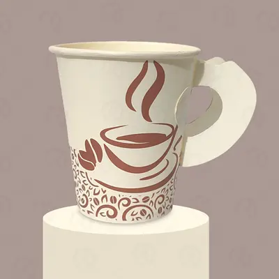 Paper Cups with Handle presented alongside its printed surface detail
