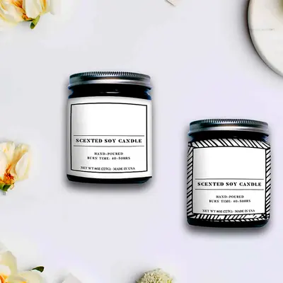 Personalized Candle Labels photographed from a second angle showing the side panel