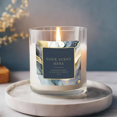 Personalized Candle Labels photographed to show the finish across the panel