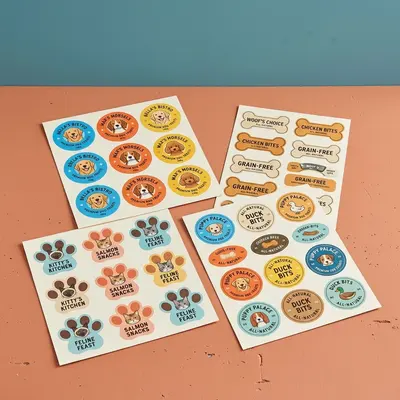 Pet Labels photographed to show the finish across the panel