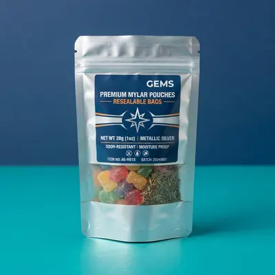 Resealable Mylar Bags photographed from a second angle showing the side panel