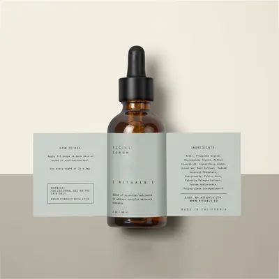 Serum Labels photographed from a second angle showing the side panel