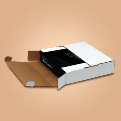 Side Loading Tab Lock Mailers photographed from a second angle showing the side panel