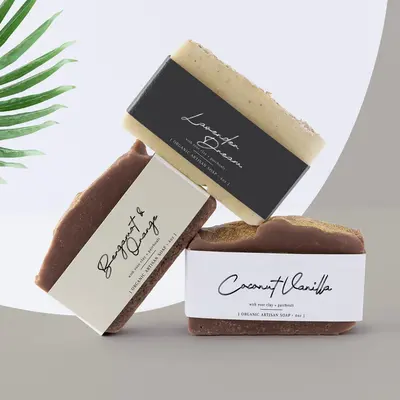 Soap Bar Labels photographed from a second angle showing the side panel