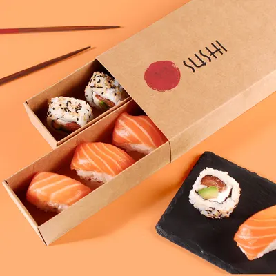 Sushi Boxes shown at an angle that reveals the depth of the pack