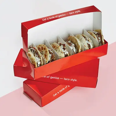 Taco Boxes shown as a finished custom-printed pack