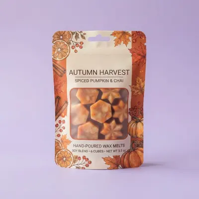 Wax Melt Bags shown as a finished custom-printed pack