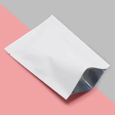 White Mylar Bags shown as a finished custom-printed pack