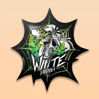 White Widow Mylar Bags shown as a finished custom-printed pack