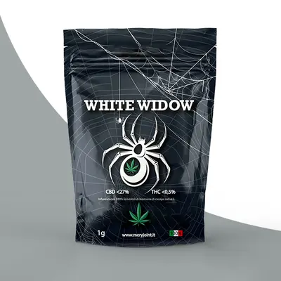 White Widow Mylar Bags photographed from a second angle showing the side panel
