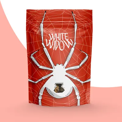 White Widow Mylar Bags displayed with the closure detail visible