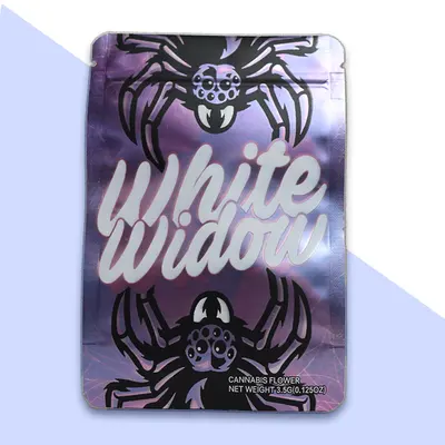 White Widow Mylar Bags shown at an angle that reveals the depth of the pack